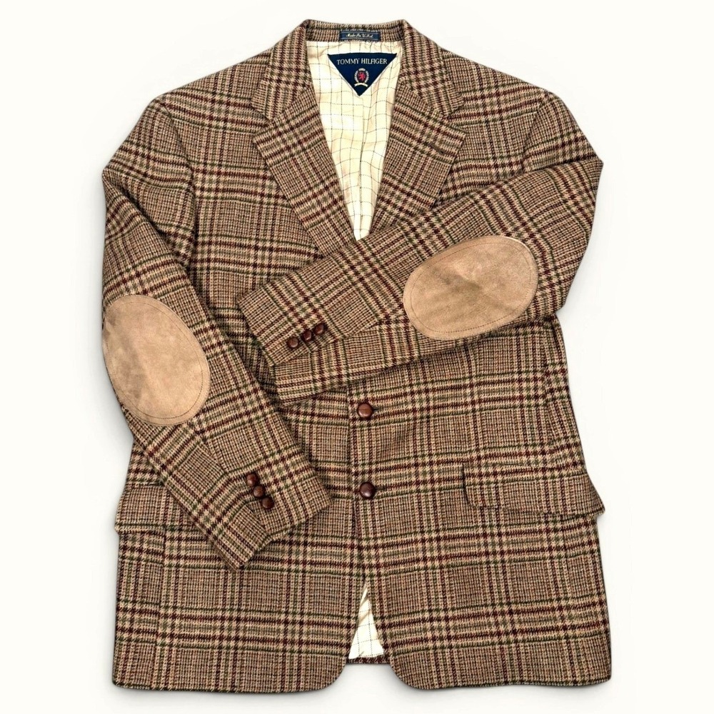 Vintage 90s Tommy Hilfiger 42R Wool Plaid Sport Coat Suede Elbow Patch USA